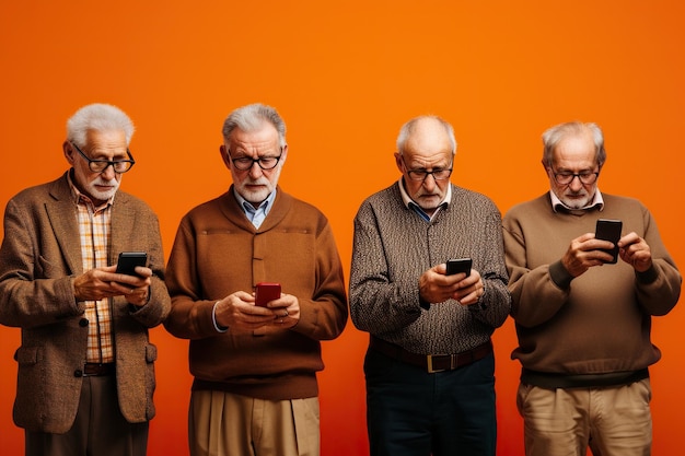 Group of senior men looking at smartphones on orange background