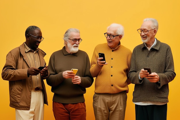 노인 그룹 이 노란색 배경 에 스마트폰 을 보고 있다