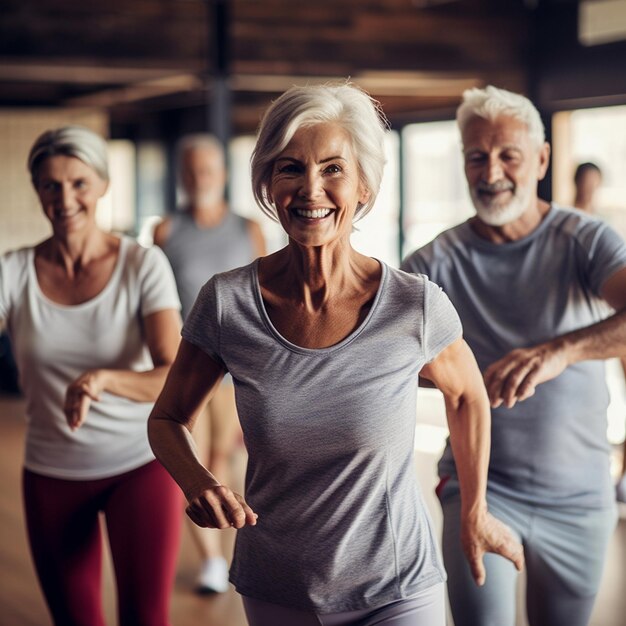 a group of senior people doing exercise with one of them has a white shirt on it