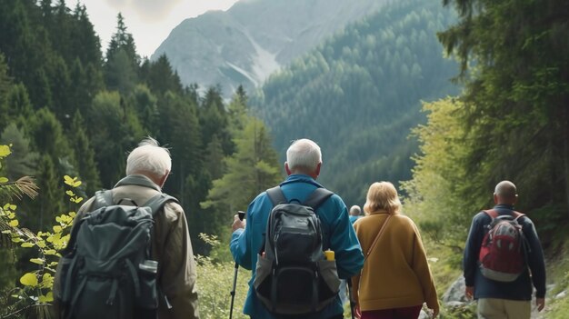 Group of senior people hiking in the mountains rear view active lifestyle