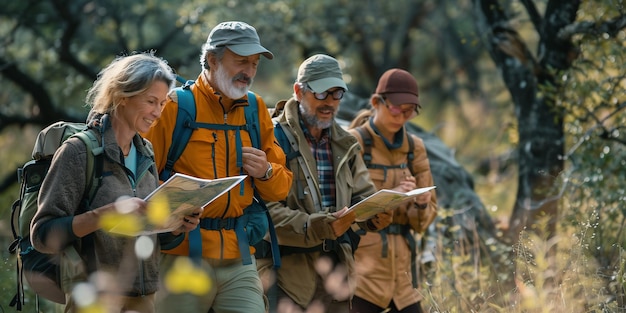 Photo group of senior trekkers checking a map for direction