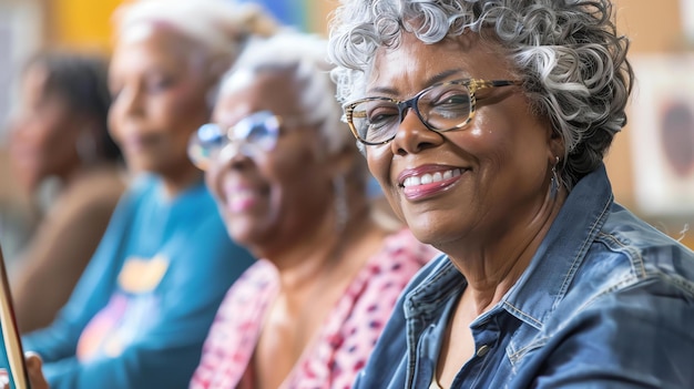 Photo a group of senior women are sitting in a row and smiling at the camera they are all wearing casual clothes and look happy and relaxed