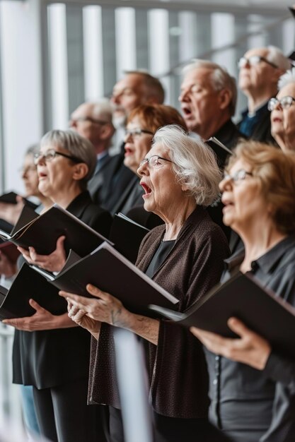 Foto gruppo di anziani riuniti in una prova del coro che cantano armoniosamente insieme melodia e gioia