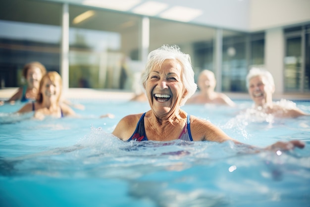 Группа пожилых людей веселится в бассейне