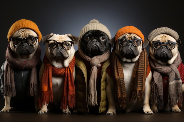 A group of serious solid funny dogs in winter hats scarves and glasses are lined up in a row Generation AI