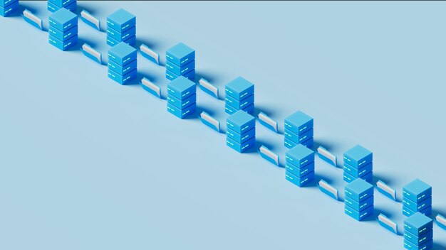 Group of servers and folders with information located in a row in blue scenario 3d representation