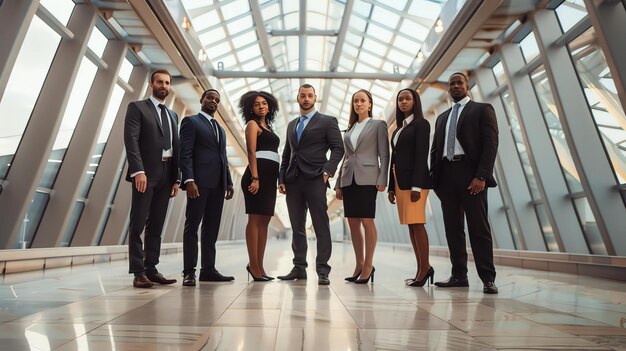 Foto un gruppo di sette professionisti d'affari vestiti in abiti formali in piedi insieme in un moderno edificio in vetro e acciaio