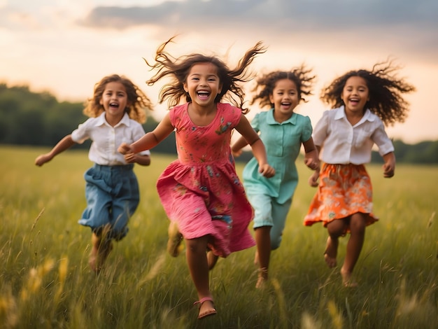 Group of seven running in the park kids boys and girls black and Caucasian