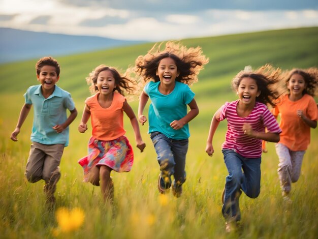 Group of seven running in the park kids boys and girls black and Caucasian