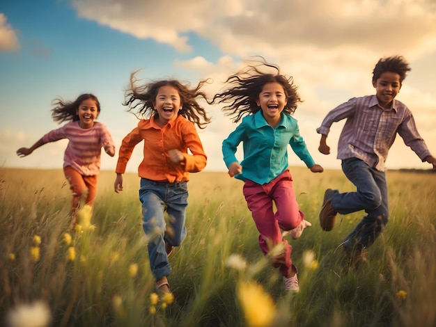 Group of seven running in the park kids boys and girls black and Caucasian