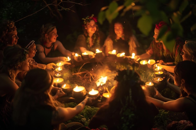 A group sharing warmth around a candlelit table on a dark night