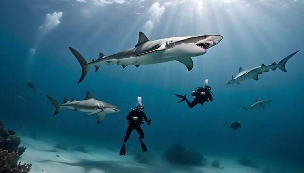 a group of shark swimming in the ocean with one shark