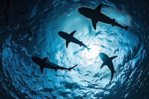 Photo a group of sharks swimming in the ocean