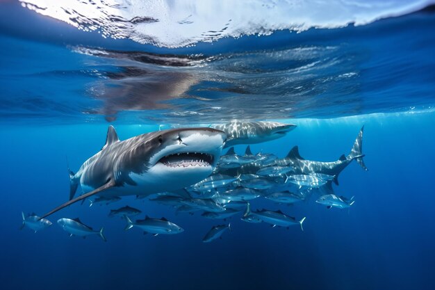 Photo a group of sharks swimming in the ocean