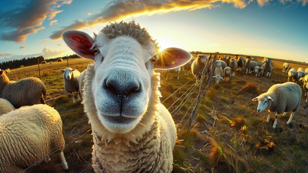 A group of sheep stand atop a lush grassy field grazing and observing their surroundings