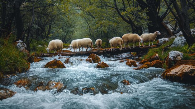 Photo group of sheep standing on bridge over river