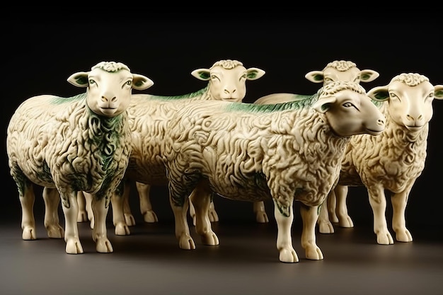 A group of sheep with green markings on the back.