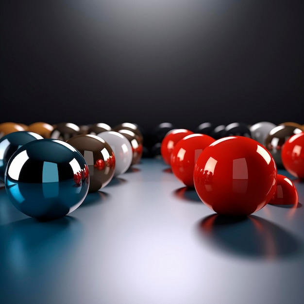 A group of shiny balls are on a table with a black background.