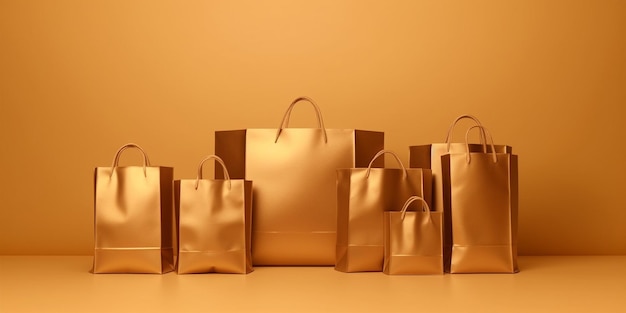 a group of shopping bags are lined up on a table.