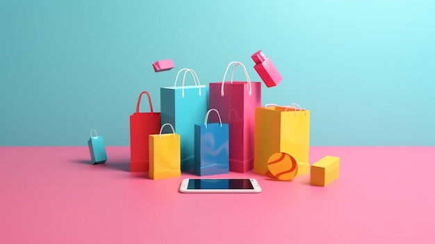 A group of shopping bags are on a pink background