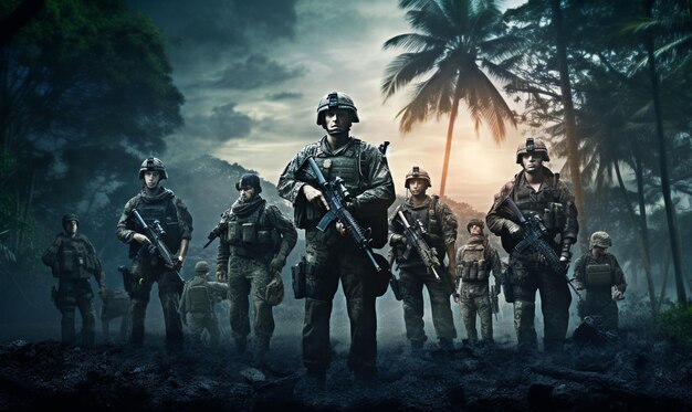 Foto di gruppo dell'esercito americano su sfondo cinematografico ai generativo