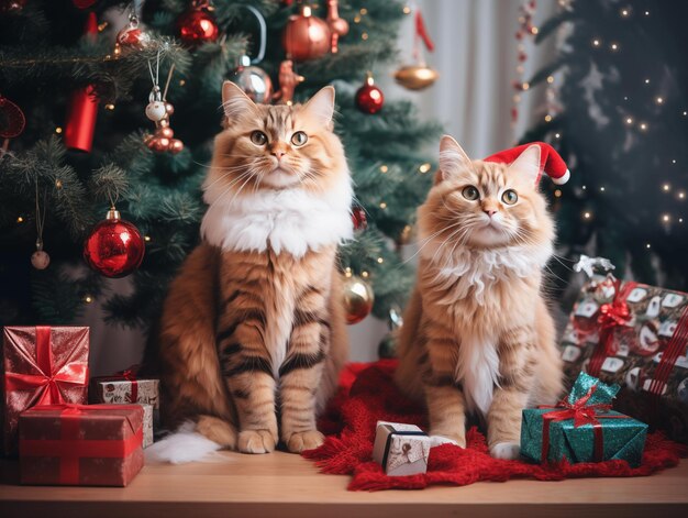 Group shot of cute and beautiful cats with Christmas theme sitting underneath the Christmas tree