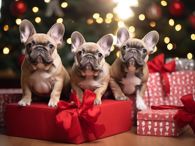 クリスマスのテーマで動物の肖像画に座っている可愛いブルドッグの子犬のグループショット