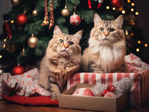 クリスマスツリーの下に座っているクリスマステーマのドレスを着た可愛い猫のグループショット