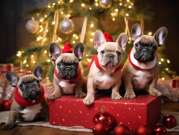 Photo group shot of cute and happy bulldogs with christmas theme sitting underneath the christmas tree