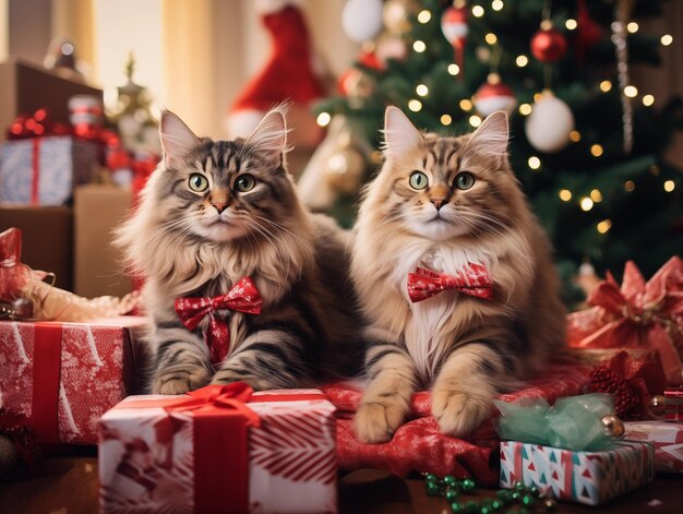 クリスマスツリーの下に座っているクリスマステーマの可愛くて幸せな子猫のグループショット