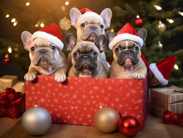Photo group shot of cute puppies with christmas theme sitting on gift boxes underneath the christmas tree