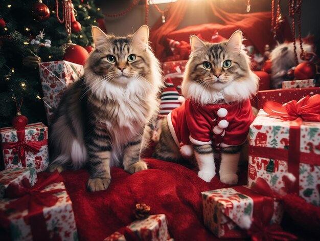 Group shot of cute Santa cats with Christmas theme sitting underneath the Christmas tree red theme