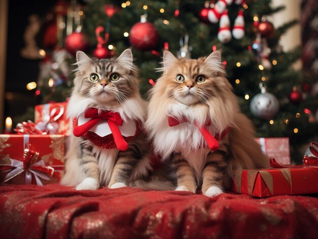 Foto gruppo di gattini di gatti con tema natalizio seduti sotto l'albero di natale e regali