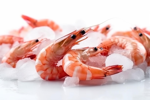 A group of shrimps on ice with the word prawns on the bottom.