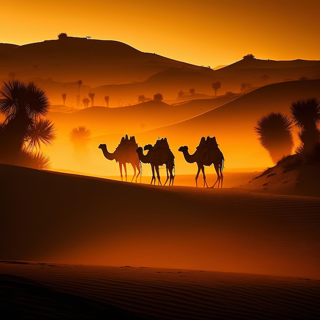 A group of silhouette camels in the desert with orange sunset background and a beautiful mosque