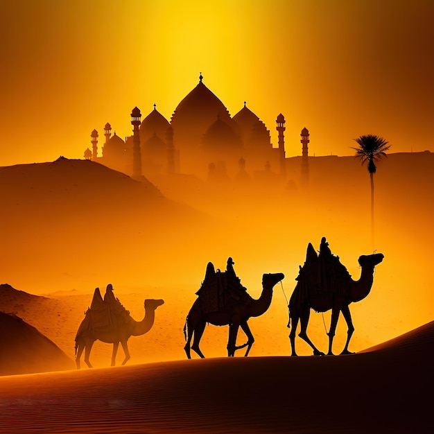 A group of silhouette camels in the desert with orange sunset background and a beautiful mosque