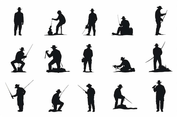 Photo a group of silhouettes of men with fishing gear and a dog generative ai