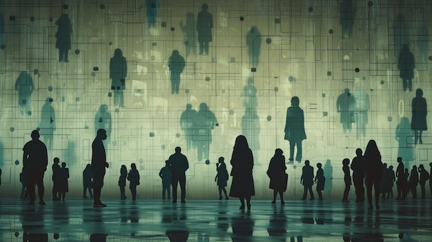A group of silhouettes of people watching an illuminated abstract art installation on the wall Viewers stand at varying distances from the wall and appear engrossed in the work of art