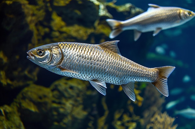 Group of silver barb fish in water