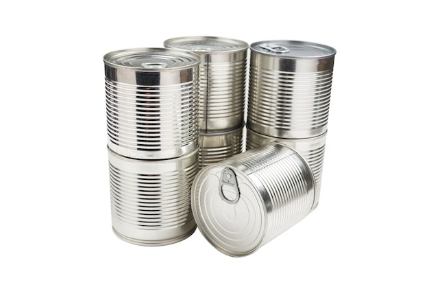 Group of silver canned food on white background.