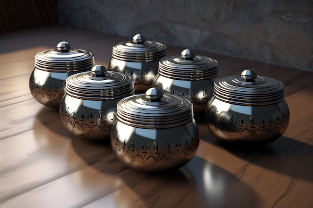 A group of silver containers