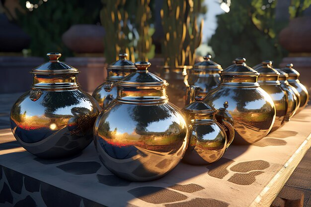 A group of silver pots