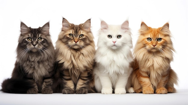 Group of sitting cats of different breeds on a white background