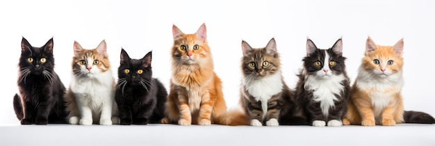 Group of sitting cats of different breeds on a white background