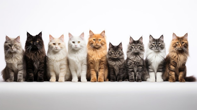 Group of sitting cats of different breeds on a white background