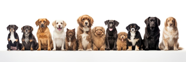 白い背景の異なる品種の座っている犬のグループ