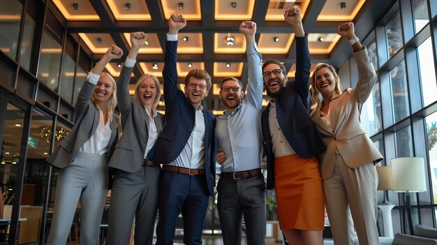 A group of six business professionals celebrating their success