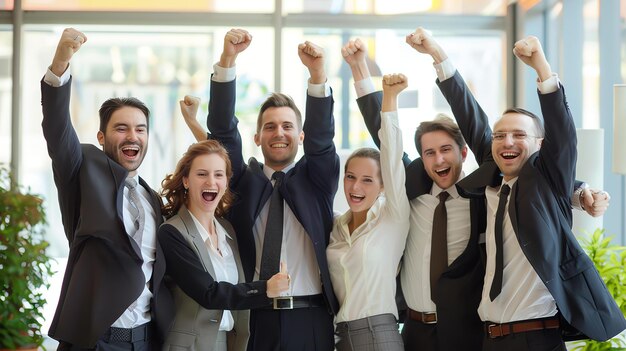 A group of six business professionals celebrating their success