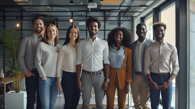 A group of six business professionals posed for a photo in an office They are all smiling and wearing casual business attire