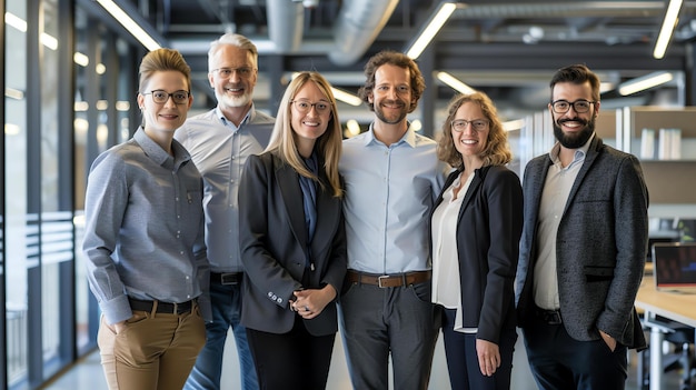 Group of six business professionals standing together in an office environment They are all smiling and wearing casual business attire